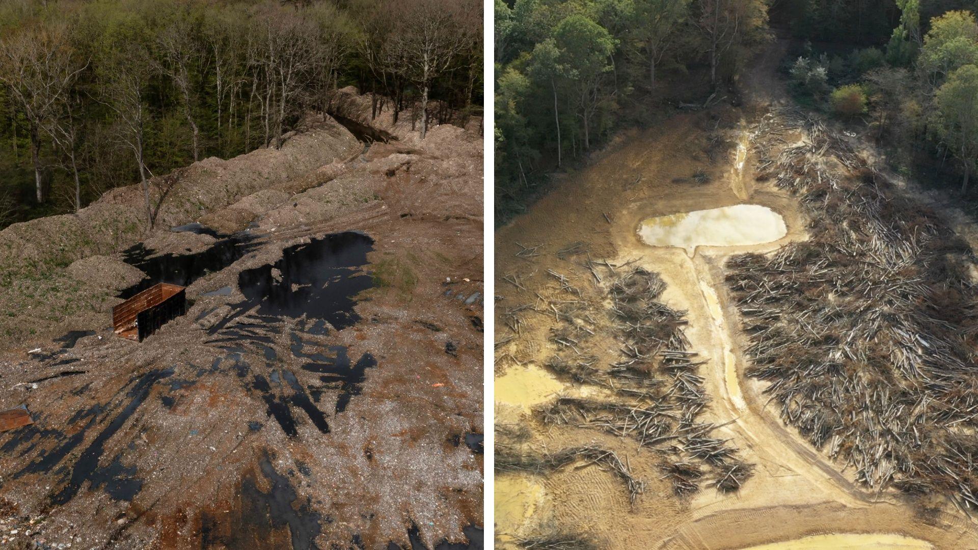 Two aerial images side by side. In the left picture there is a forest with a clearing which contains piles of rubbish, and some areas of flooding. The foliage on the trees suggests the picture was taken during winter. On the right hand image is the same clearing but there are no longer piles of rubbish, there appears to be cut down trees and more extensive areas of water. The forest on the outside is green suggesting the picture was taken during summer.