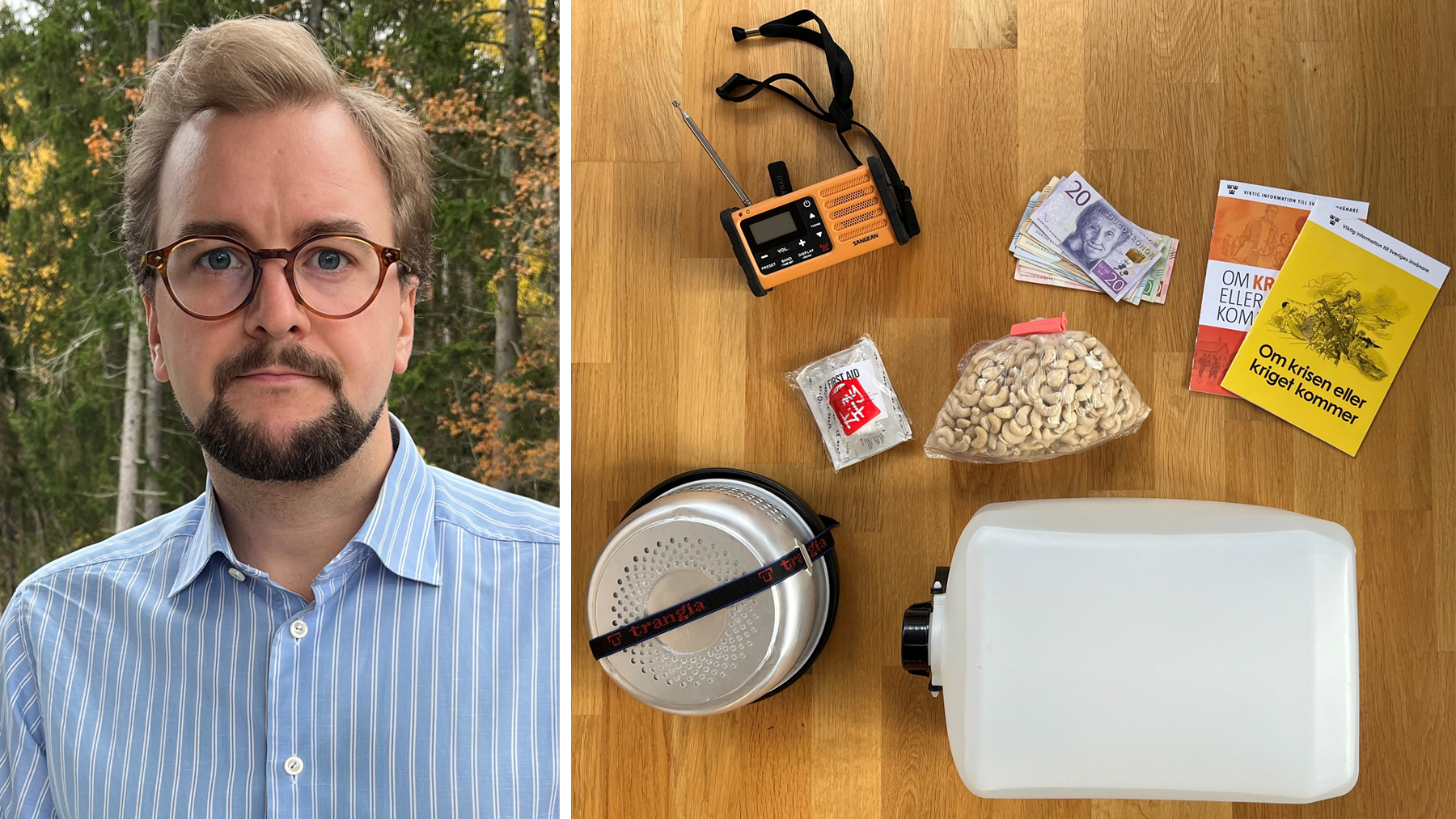 A picture of Andreas, a man with brown hair in glasses and a blue shirt, and a picture of supplies including nuts, brochures, water and cash