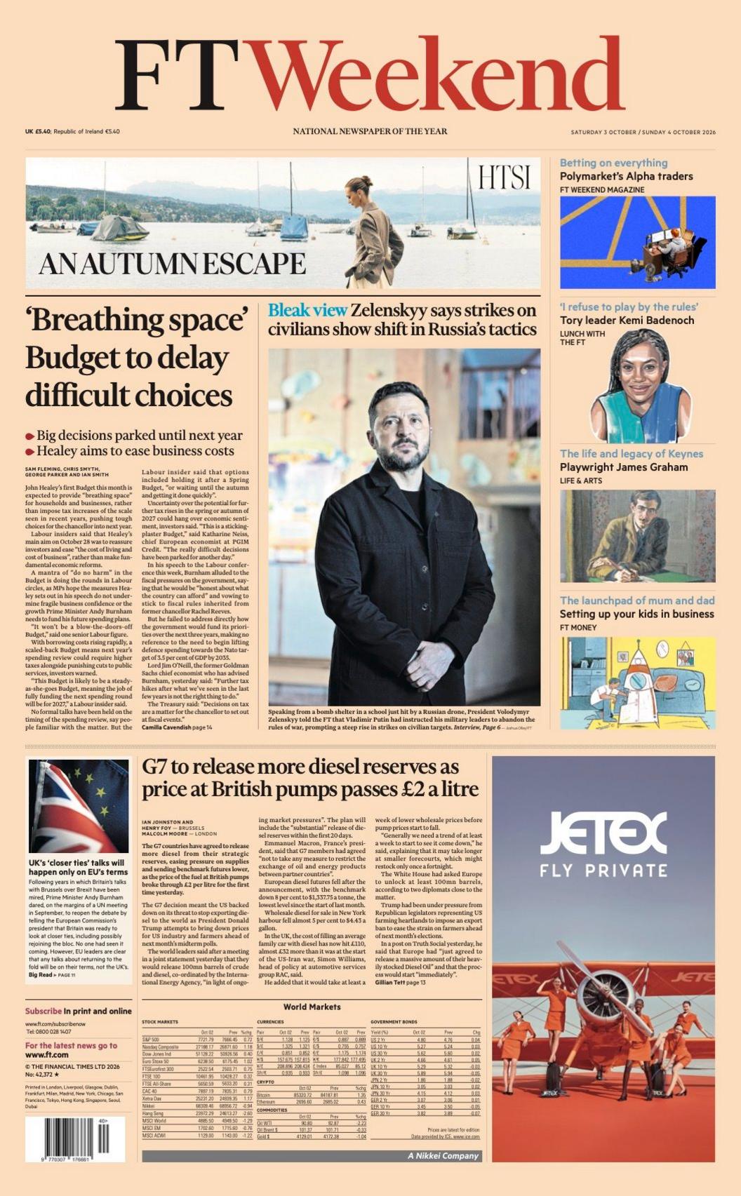 The headline on the front page of the Financial Times reads: '"Breathing space"' Budget to delay difficult choices.'