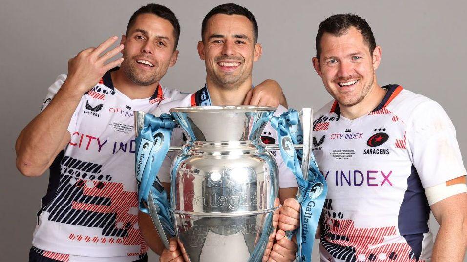 Alex Lozowski with Sean Maitland and Alex Goode after winning the Prem with Saracens