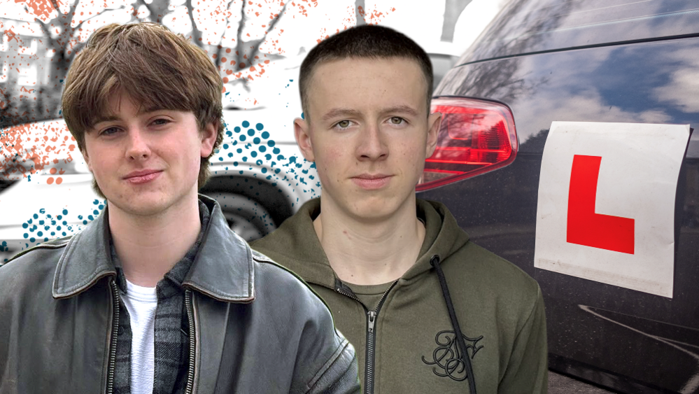 Two young people stand beside a learner plate