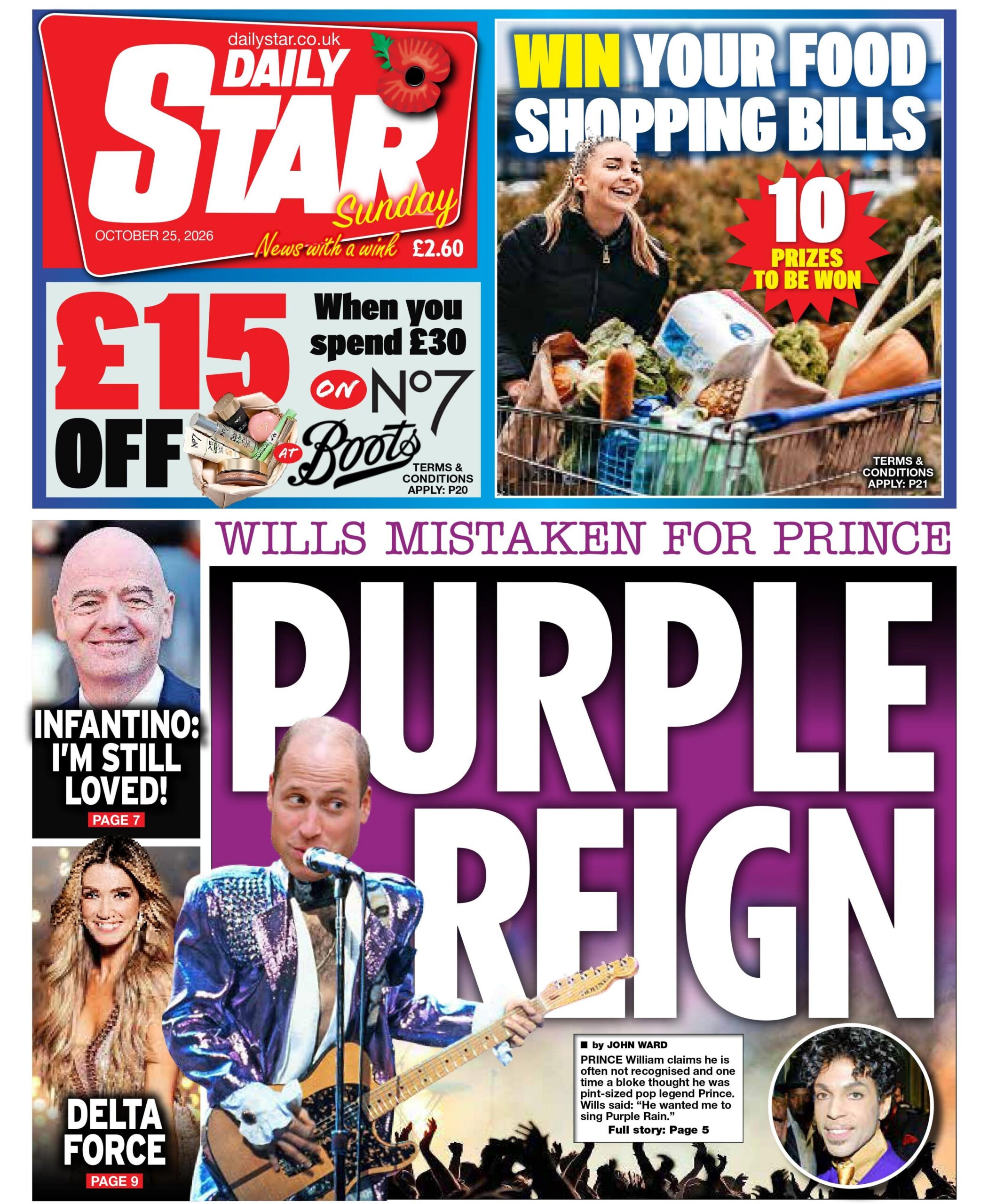 "Wills mistaken for Prince: Purple Reign," reads the headline on the front page of the Daily Star on Sunday.
