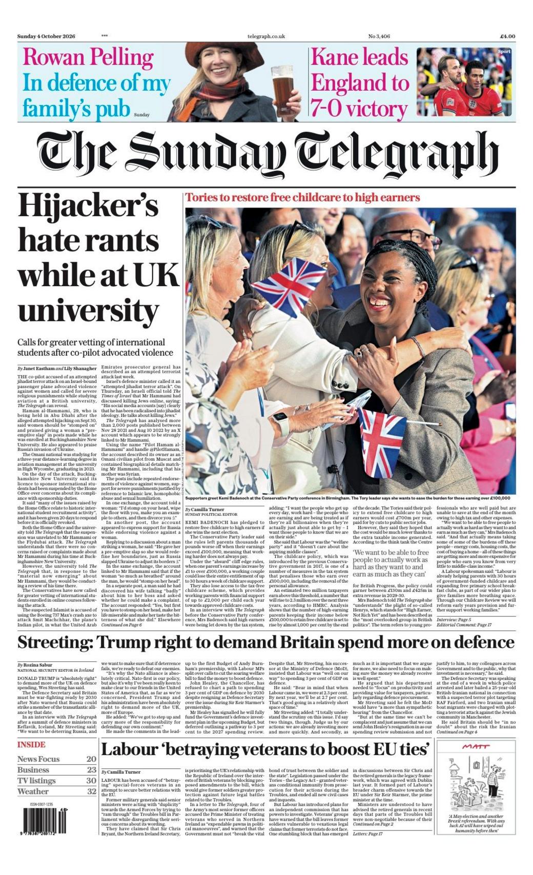 The headline on the front page of the Sunday Telegraph reads: 'Hijacker's hate rants while at UK university.'