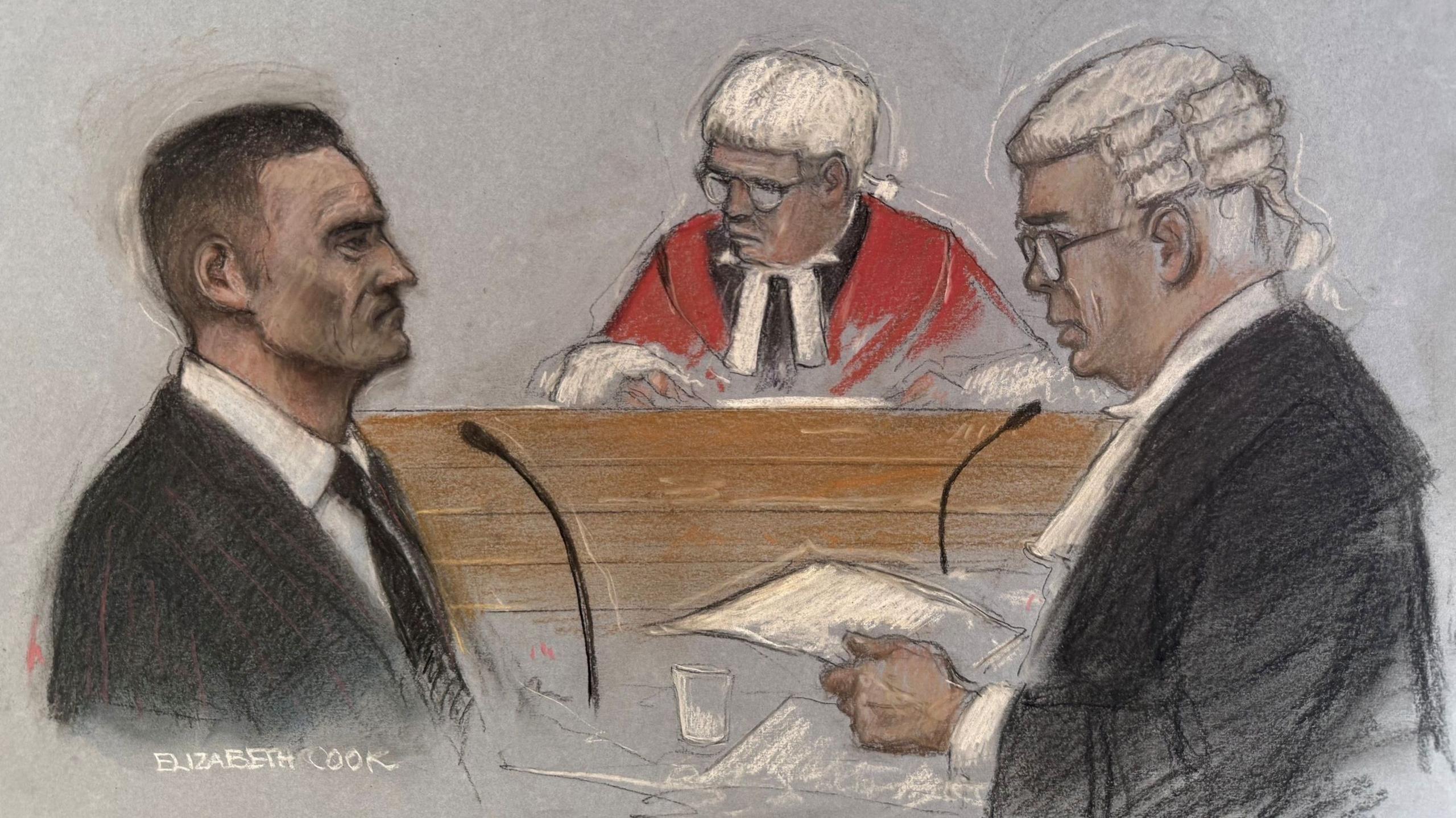 A court sketch showing Tommy Robinson in profile speaking into a microphone facing a barrister, and with a judge behind them both.