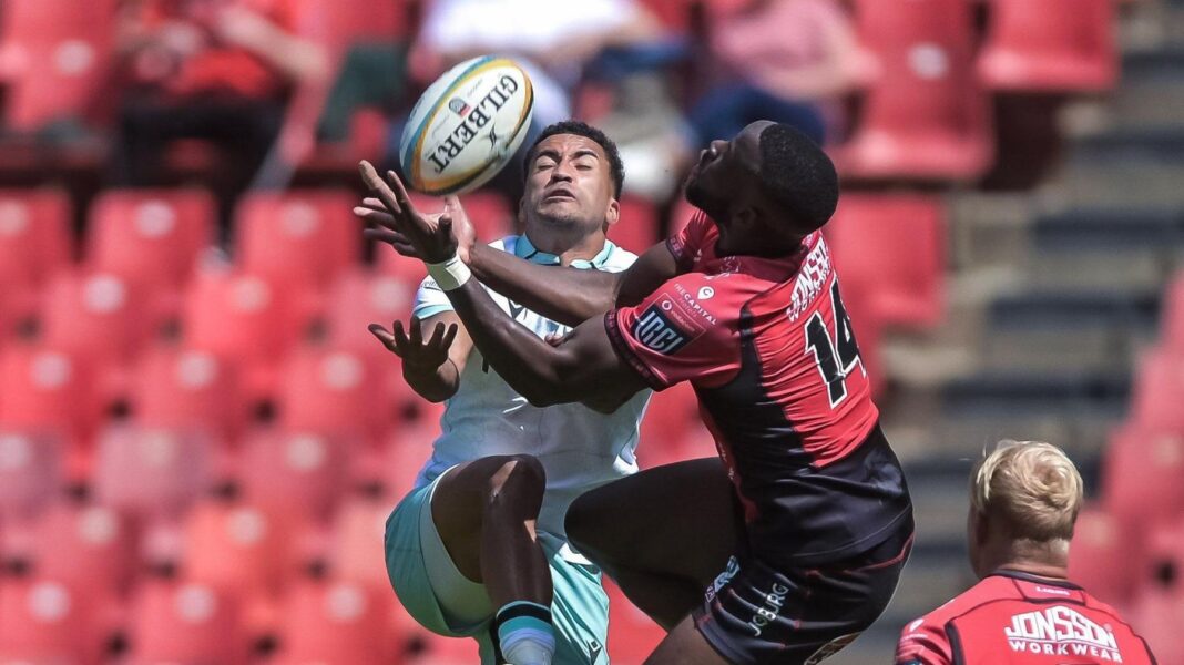 Ospreys hit by Lions’ second-half show of power Keelan Giles of Ospreys and Kelly Mpeku of Lions contest a high ball