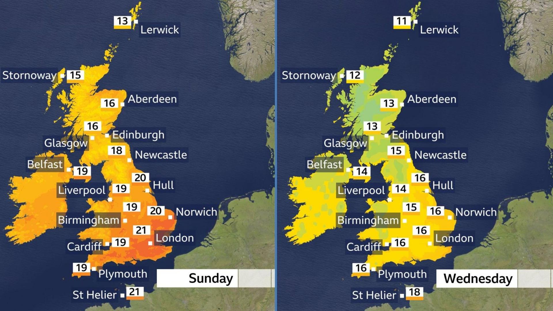 Two weather maps showing forecast temperatures for Sunday and Wednesday. On Sunday, temperatures range from 13C in Lerwick to 21C in London and St Helier. On Wednesday, temperatures range from 11C in Lerwick to 18C in St Helier.
