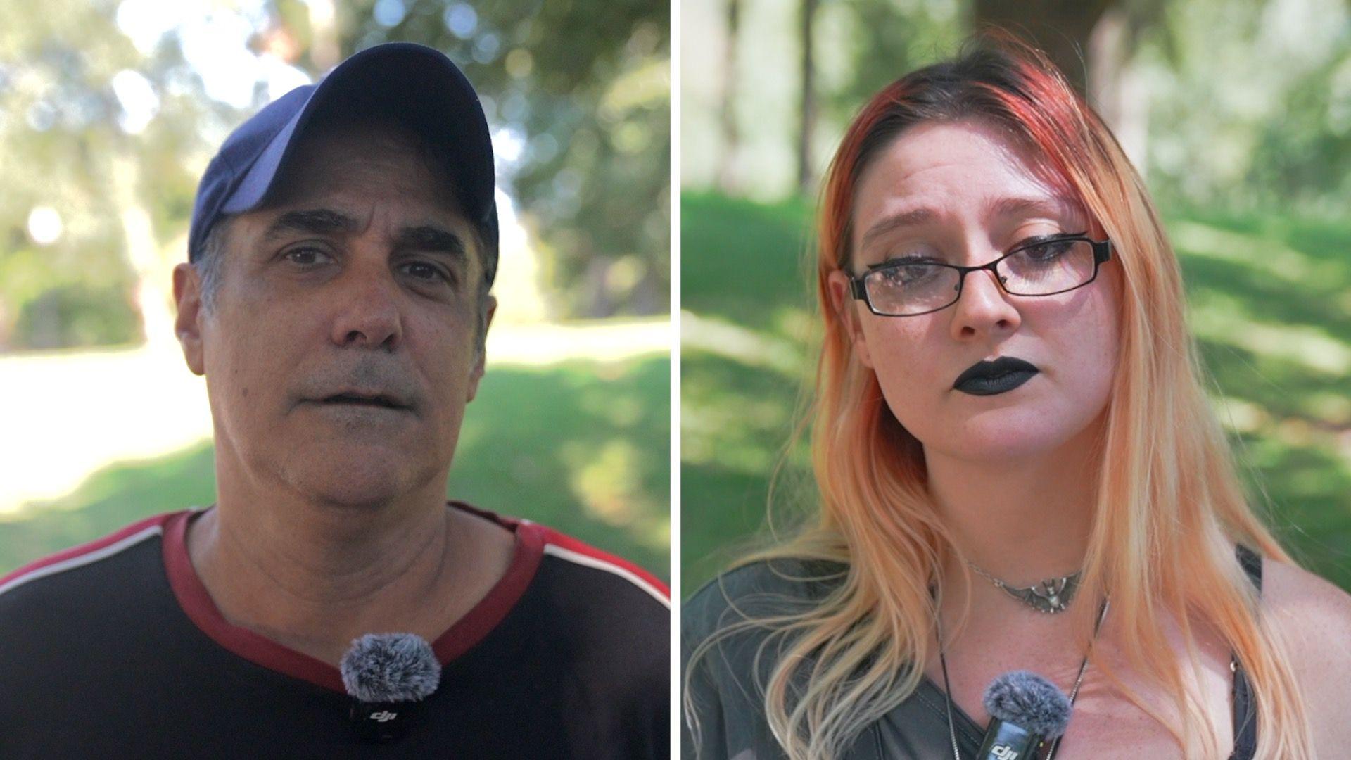 On the left, a man in a black shirt; on the right, a woman in a green shirt.