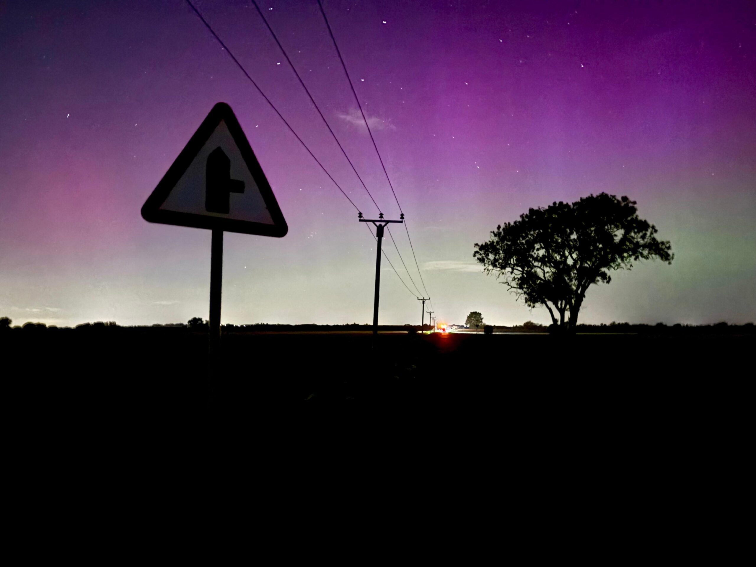An image of the sky in Owston Ferry, North Lincolnshire, on 10 October during the evening. The Northern Lights can be seen in a purple  hue alongside silhouettes of a tree, telegraph pole and roadsign.
