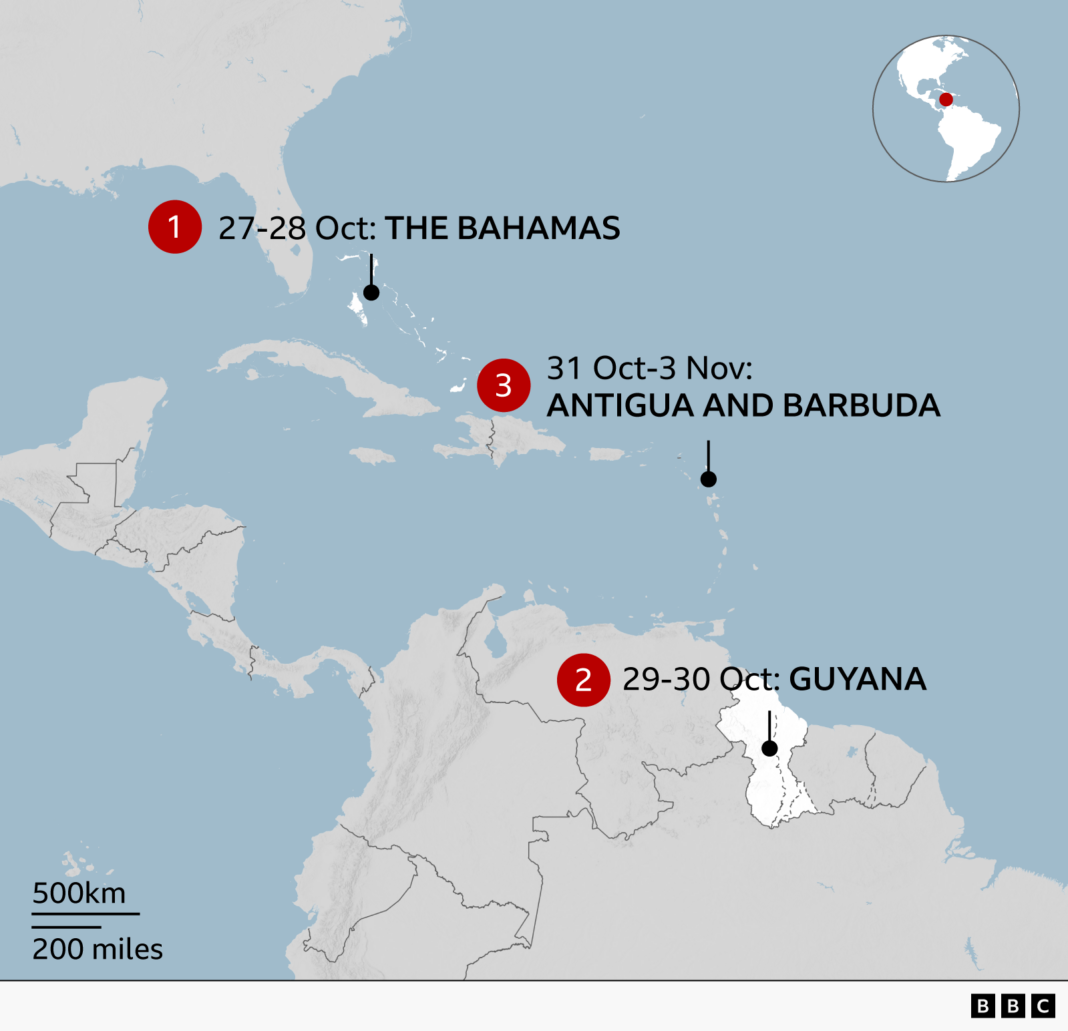 Why the King’s Caribbean tour could be ‘biggest risk of his reign’ Map of the Caribbean and northern South America showing a three-stop itinerary: The Bahamas (27-28 October), Guyana (29-30 October), and Antigua and Barbuda (31 October-3 November). Red numbered markers indicate each stop