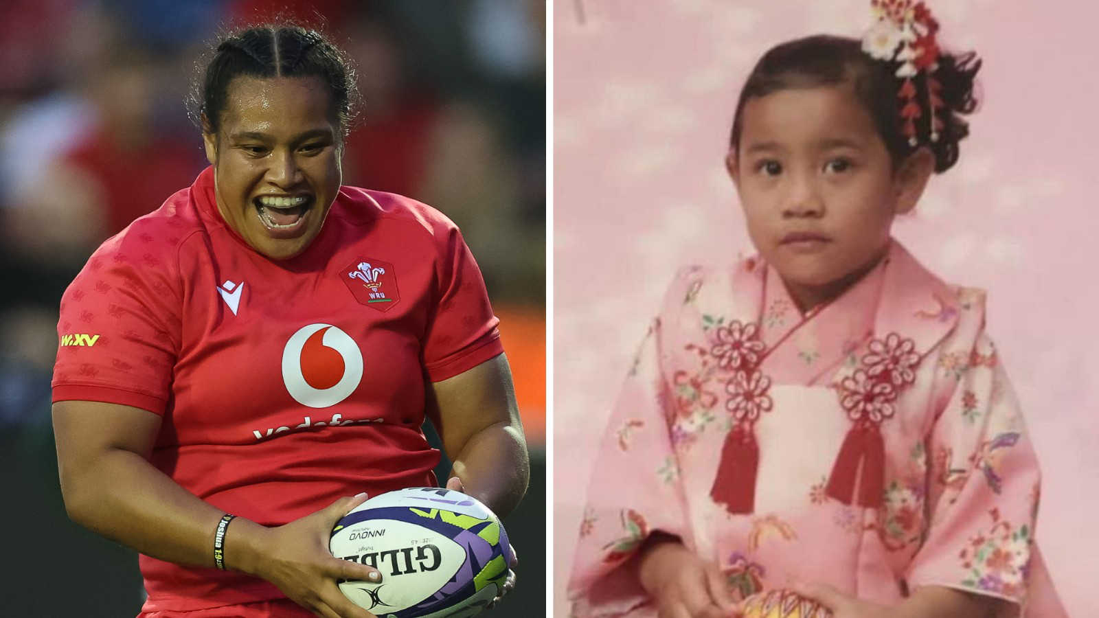 Sisilia Tuipulotu in Wales kit and in Japanese dress as a child