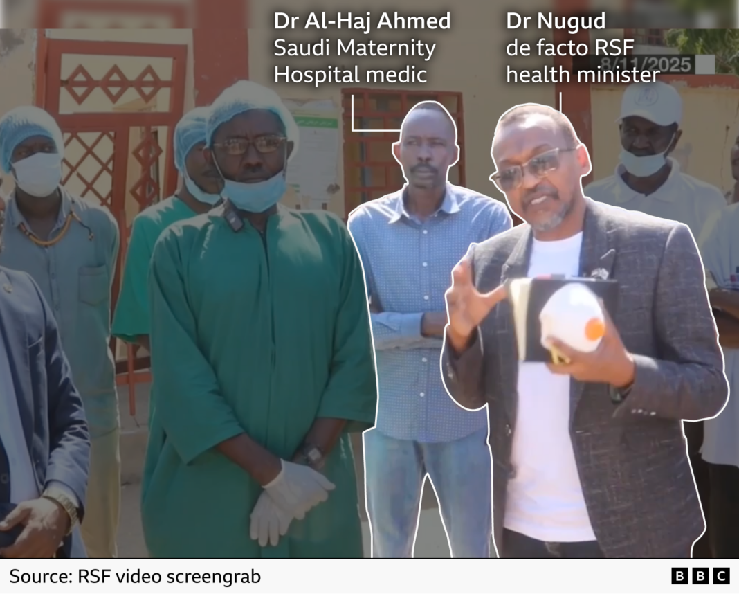Hospitals deliberately targeted by Sudan’s RSF fighters, BBC investigation finds A graphic showing a screengrab from a RSF video with Dr Nugud, RSF health minister, gesturing and beside him Saudi Hospital medics in scrubs and behind him Dr Al-Haj Ahmed in a shirt and jeans with arms folded