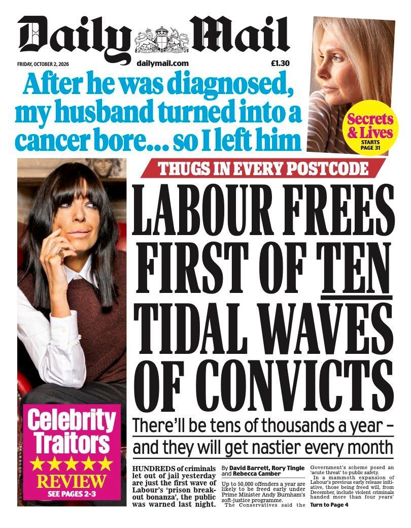 The headline on the front page of the Daily Mail reads: “Labour frees first of ten tidal waves of convicts”.