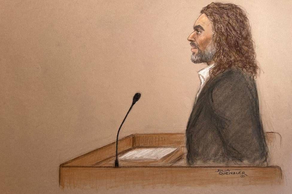 Court sketch of Russell Brand giving evidence at Southwark Crown Court.