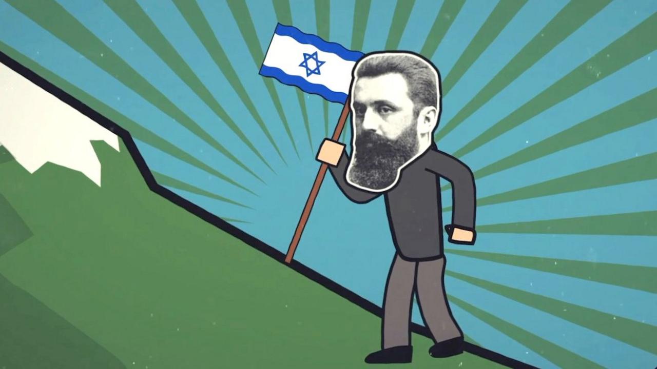 Image of man with a black and white photographic bearded face, carrying a flag up a steep hill