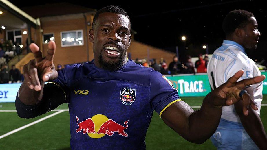 Christian Wade celebrates equalling Chris Ashton's Prem Rugby try-scoring record in Newcastle's win over Sale
