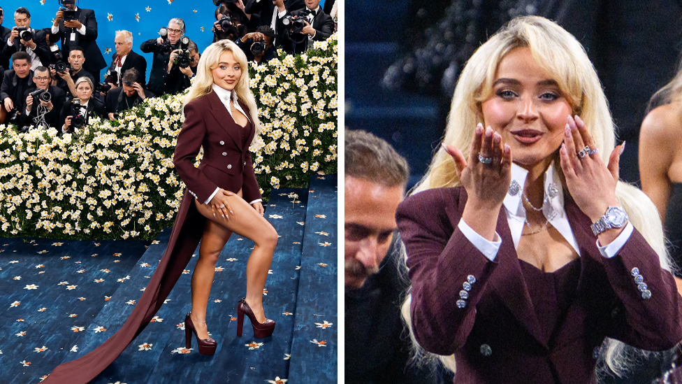 A split screen of Sabrina Carpenter wearing a burgundy costume to the Met Ball in 2025 with a long train and Sabrina Carpenter blowing a kiss