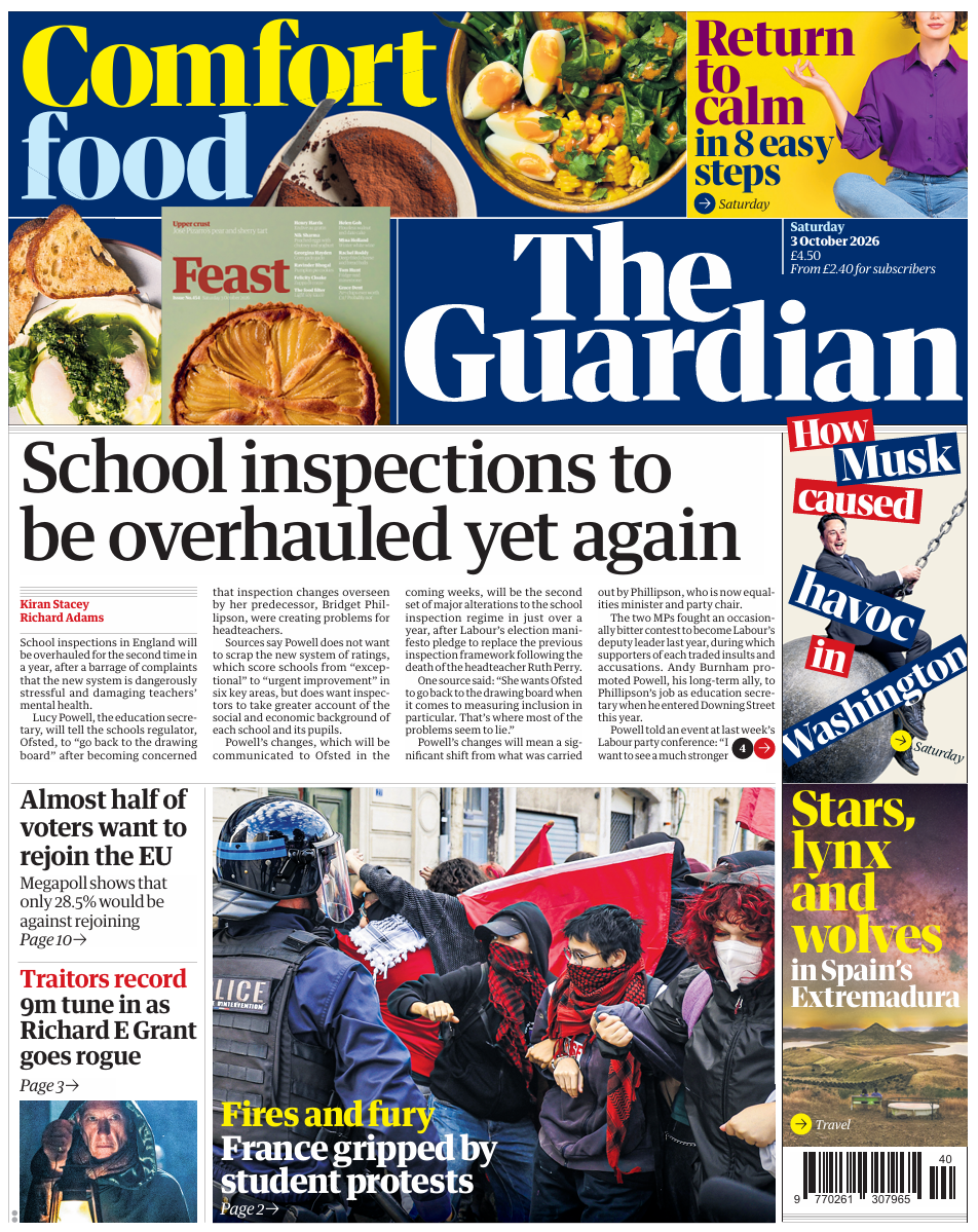The headline on the front page of the Guardian reads: 'School inspections to be overhauled yet again.'