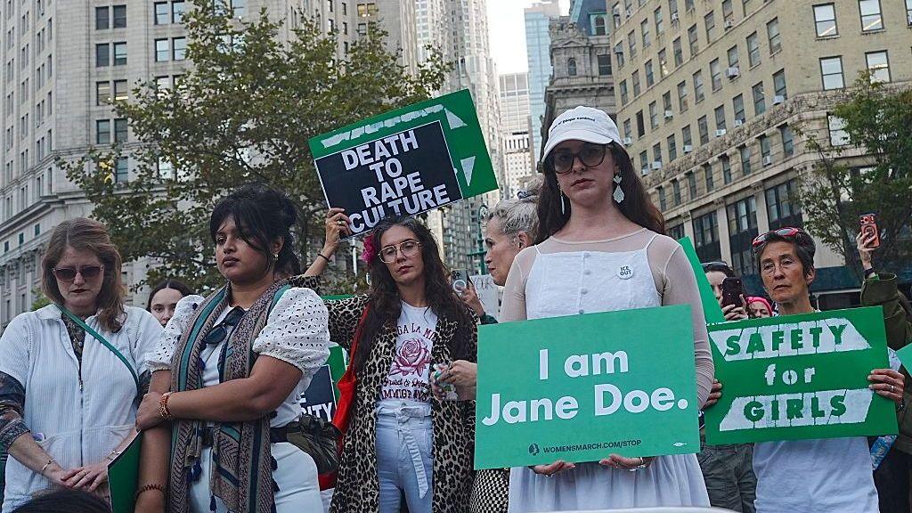 A 'Stop sexual violence day of action' rally takes place in Foley Square, Manhattan, on Thursday, October 8, 2026, in the wake of Cornell University rape accusations in New York City, U.S.