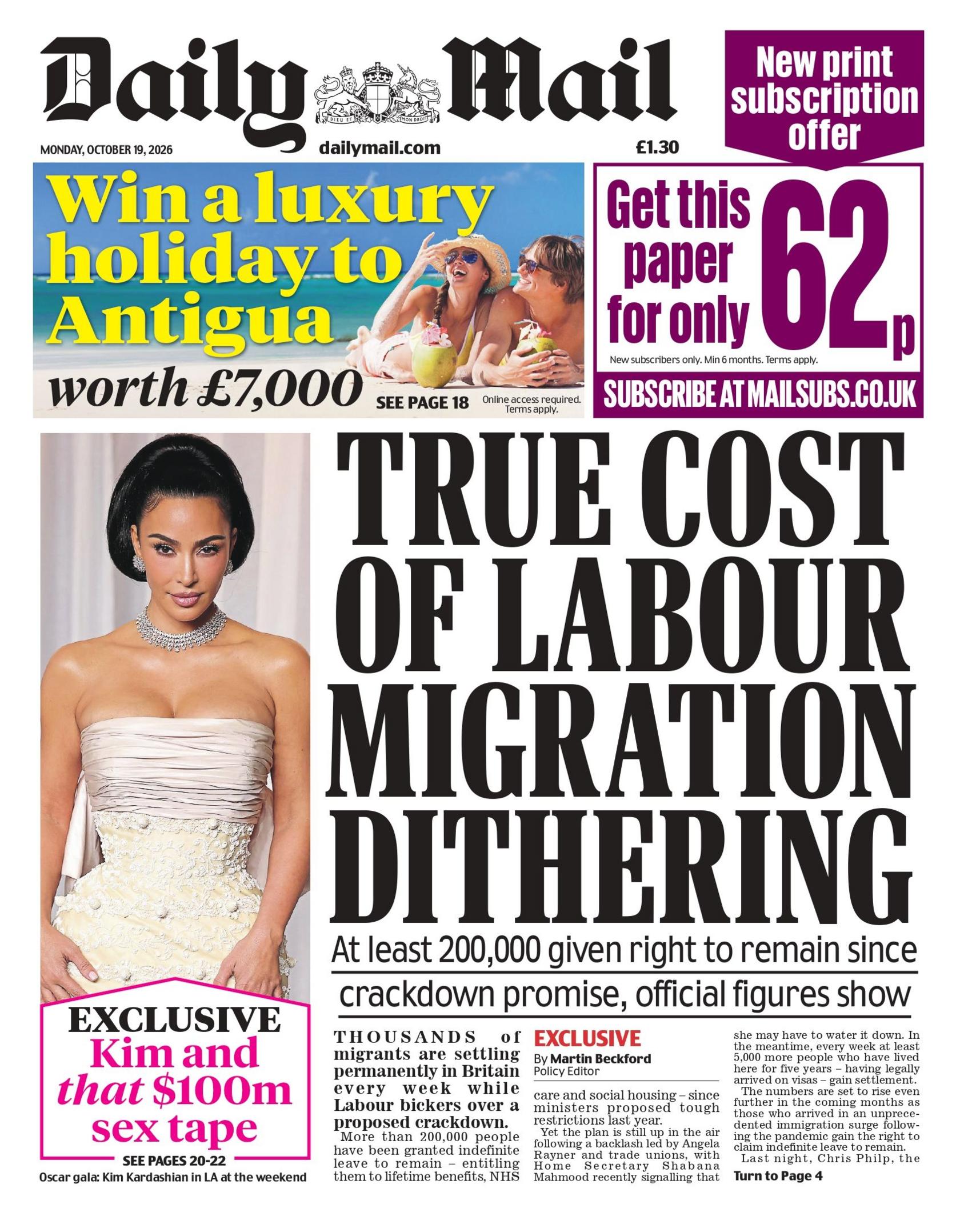 "True cost of Labour migration dithering," reads the headline on the front page of the Daily Mail.