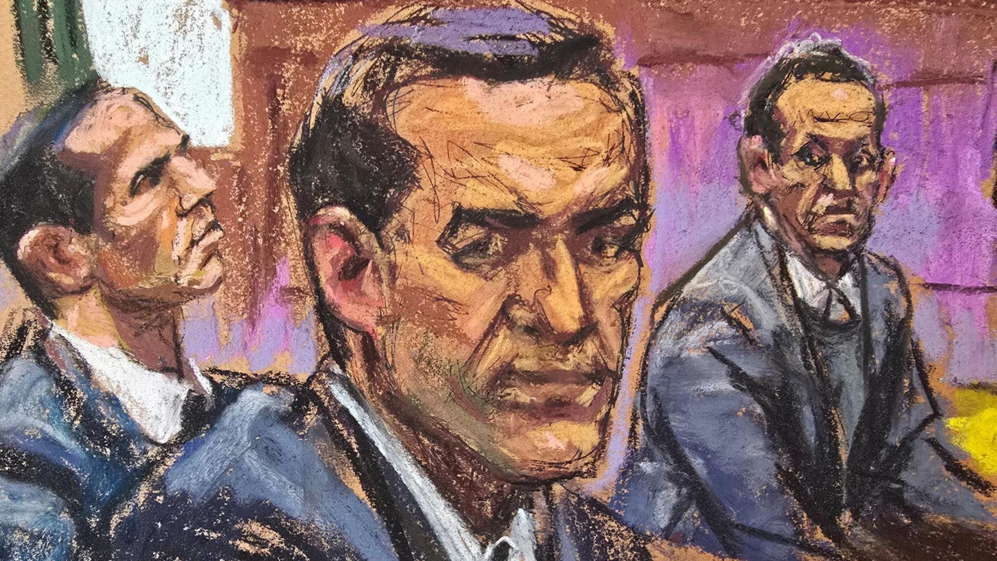This sketch shows the Alexander brothers in court. Both are wearing suits