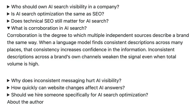 How AI search optimization works for modern marketers short question and answer block on a website