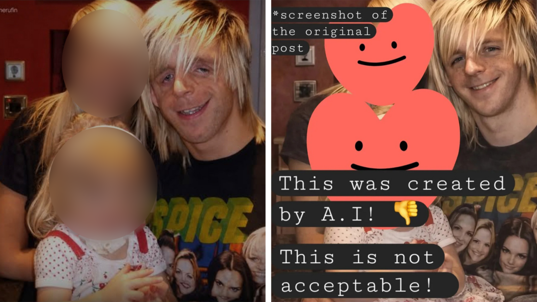A photo before and after being edited by AI. In the photo Jono is surrounded by two children and is wearing a Spice Girls t-shirt.