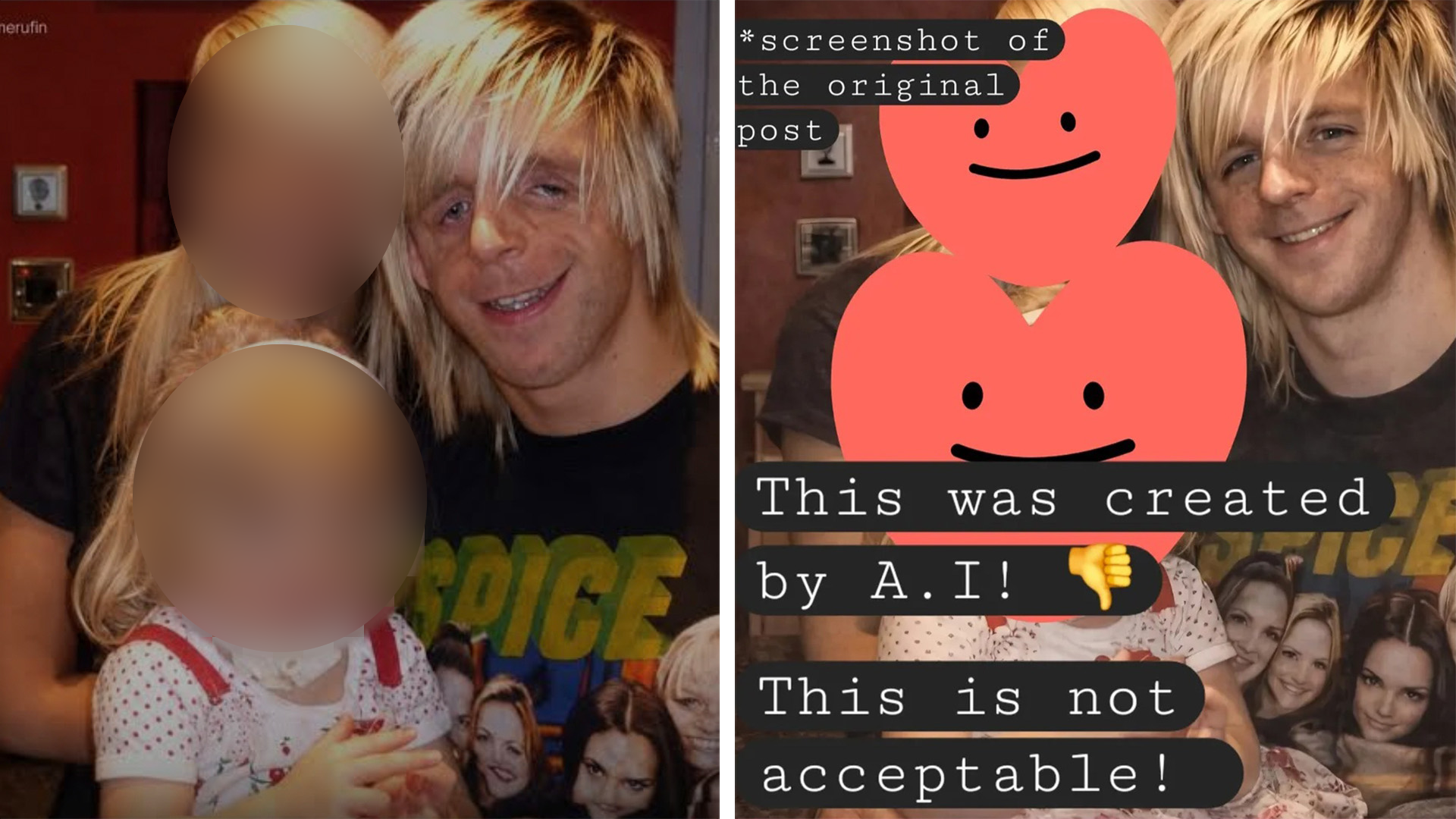 A photo before and after being edited by AI. In the photo Jono is surrounded by two children and is wearing a Spice Girls t-shirt.