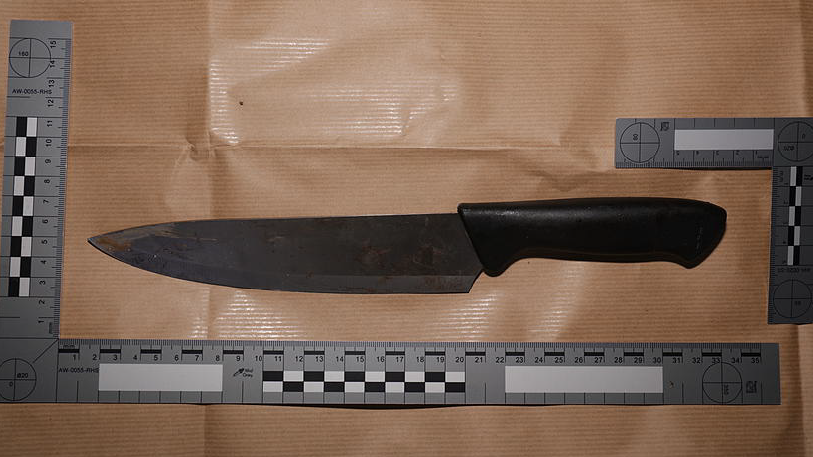 A kitchen knife with a black handle resting on brown paper. Two rules show its height and width.