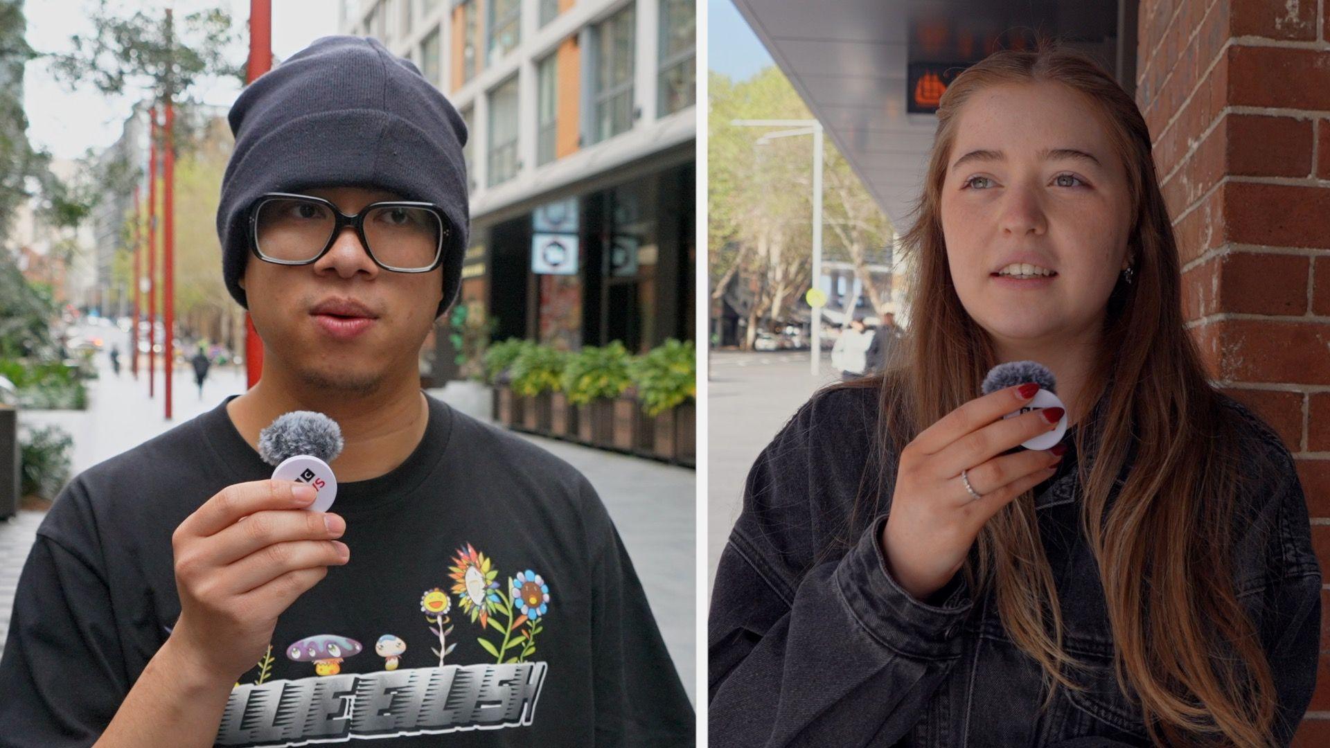 Split image, on the left is a young man wearing glasses and a beanie, on the right is a young woman wearing a black jacket. They are both standing on the street in Sydney, Australia.