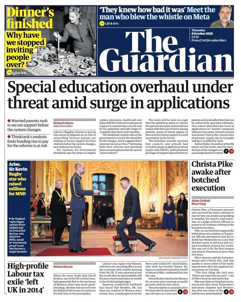 "Special education overhaul under thread amid surge in applications" reads the headline on the front page of the Guardian.