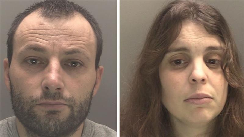 A police custody photograph of Klevi Pirjani, who has a brown beard and short brown hair, and a mugshot of Nivalda Santos Pirjani, who has long brown hair.