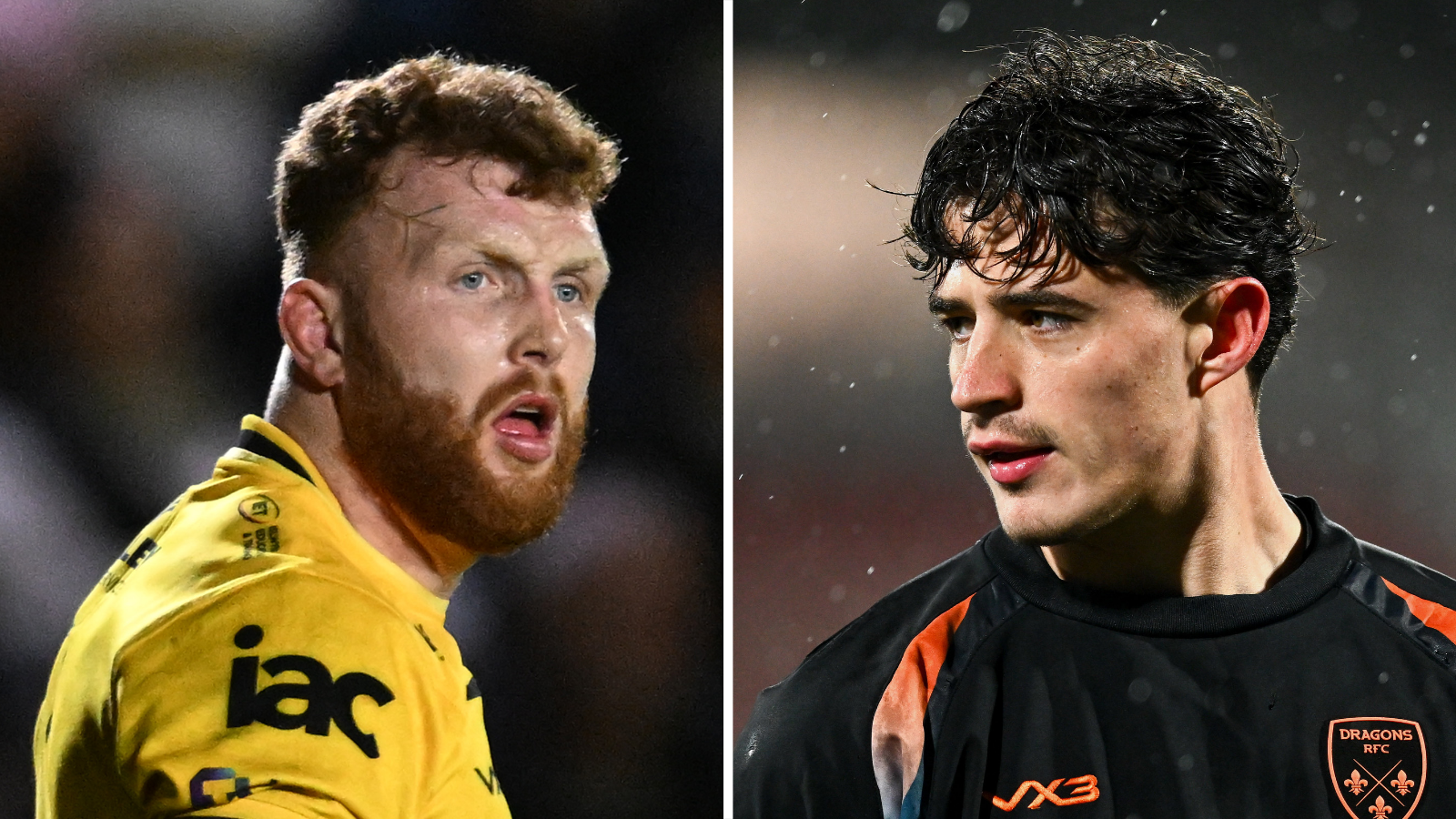 Separate images of Aneurin Owen and Che Hope in Dragons kit