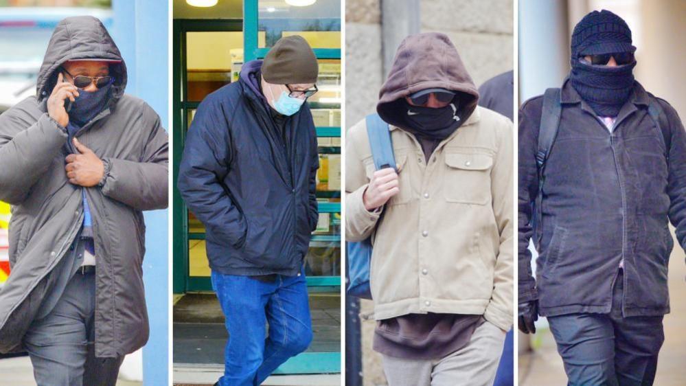 A composite image of the four defendants arriving at court. They are all wearing a hat or a hood, covering their face and eyes with glasses.