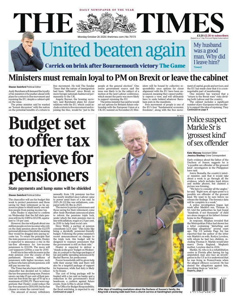 The headline on the front page of the Times reads: "Budget set to offer tax reprieve for pensioners".
