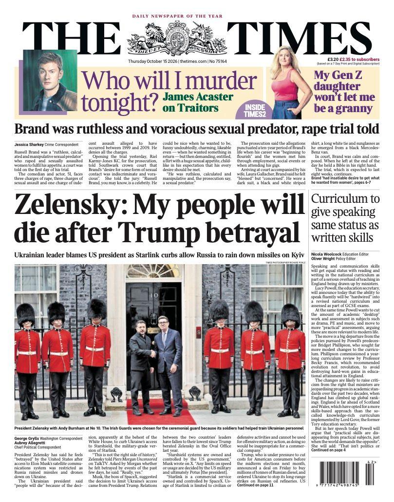 The front page headline of the Times reads 'Zelensky: My people will die after Trump betrayal'