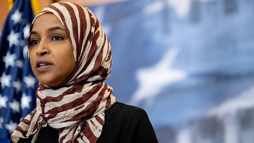 Ilhan Omar speaks at a news conference in Washington DC ahead of President Donald Trump's 2026 State of the Union address