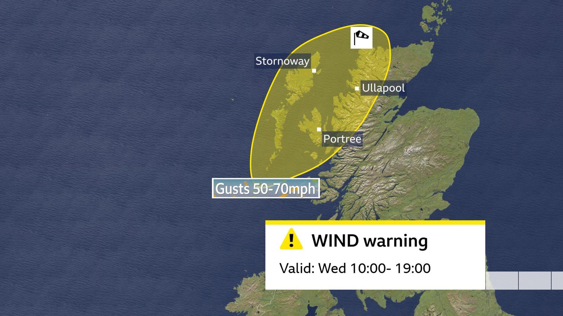 Graphic showing a yellow warning area over Scotland as a Met Office yellow weather warning for wind comes into force on Wednesday morning