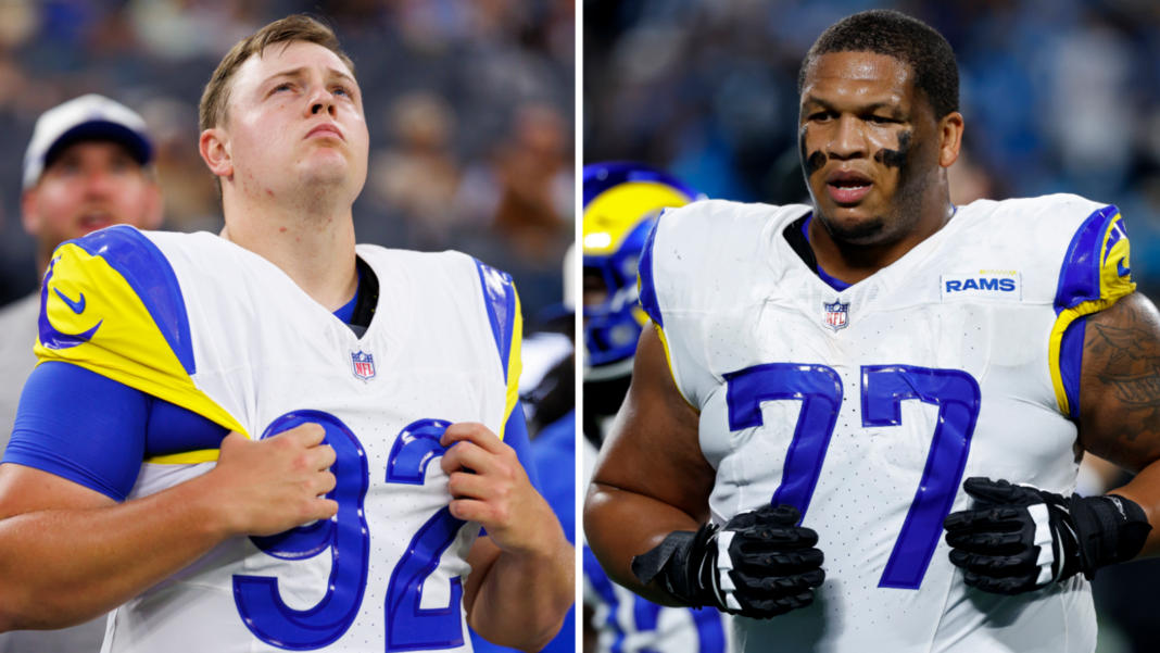 A split picture of Los Angeles Rams duo Harrison Mevis and Alaric Jackson