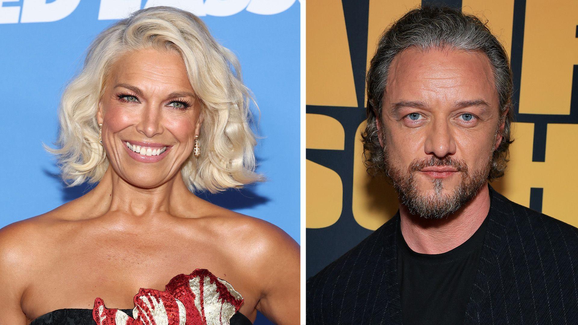 Hannah Waddingham on the left has blonde hair and smiling at the camera. James McAvoy on the right is half-smiling, has a beard and a black top