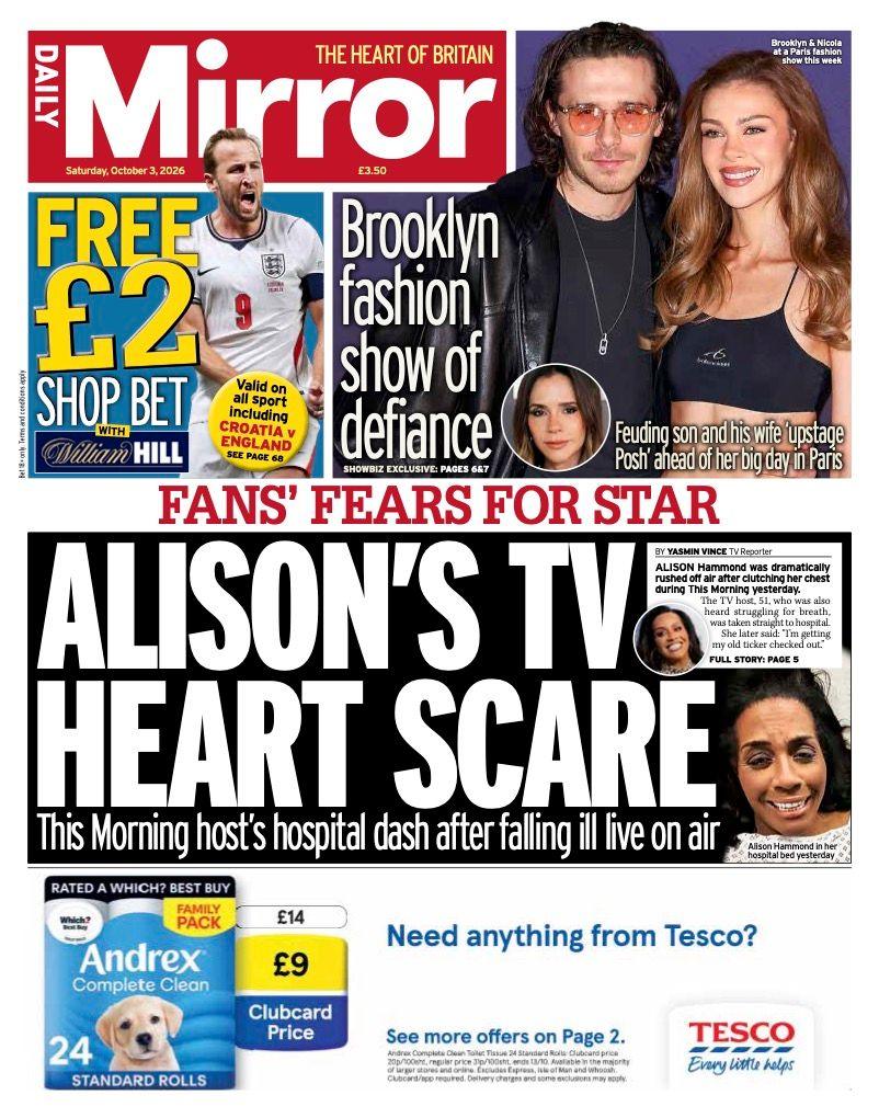The headline on the front page of the Daily Mirror reads: 'Allison's TV heart scare.'