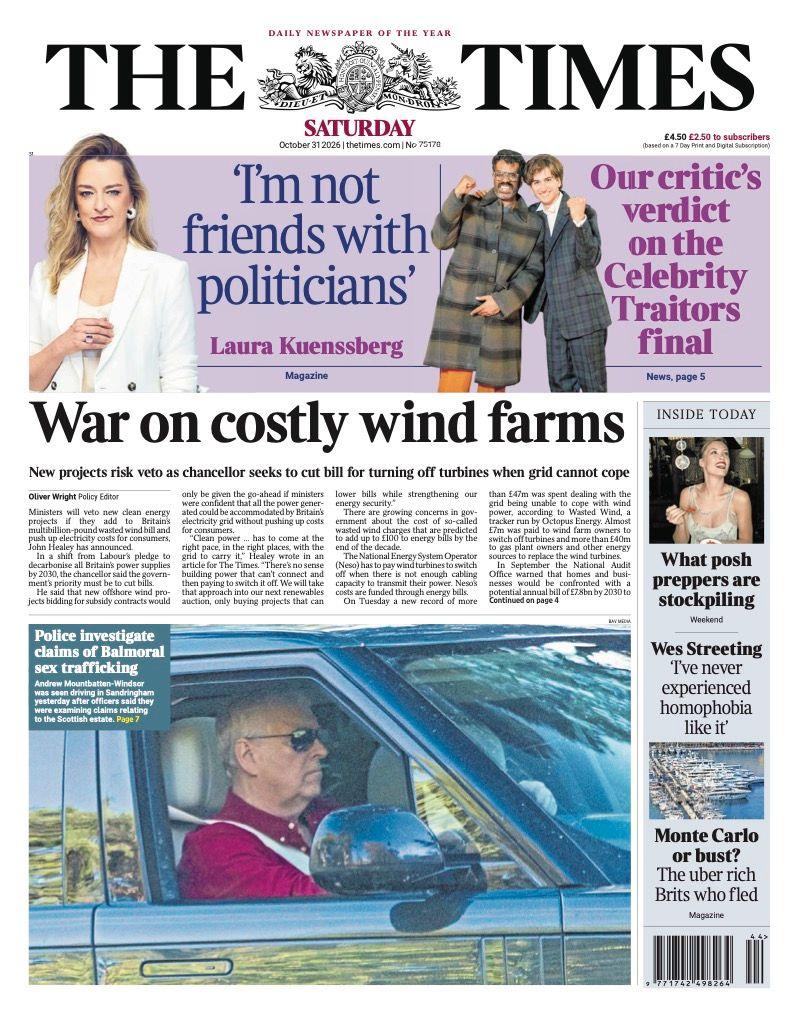 The headline on the front page of the Times reads: "War on costly wind farms".