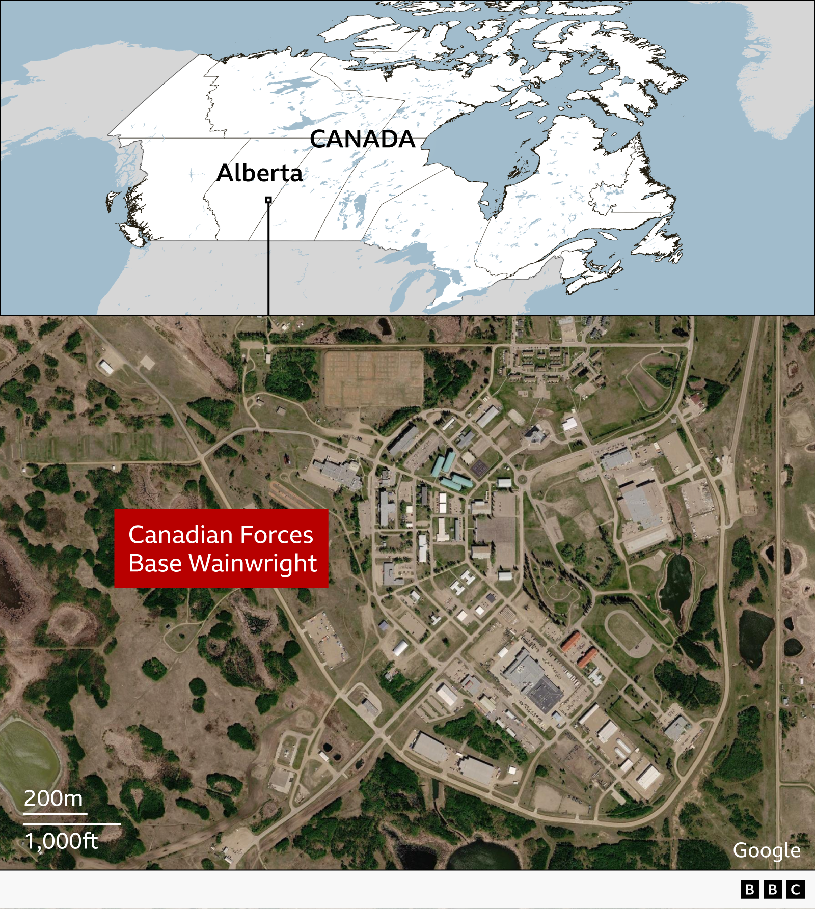 Map of Canada highlighting Alberta, with a locator line pointing to Canadian Forces Base Wainwright in east-central Alberta. Below, a satellite aerial image shows the military base complex.