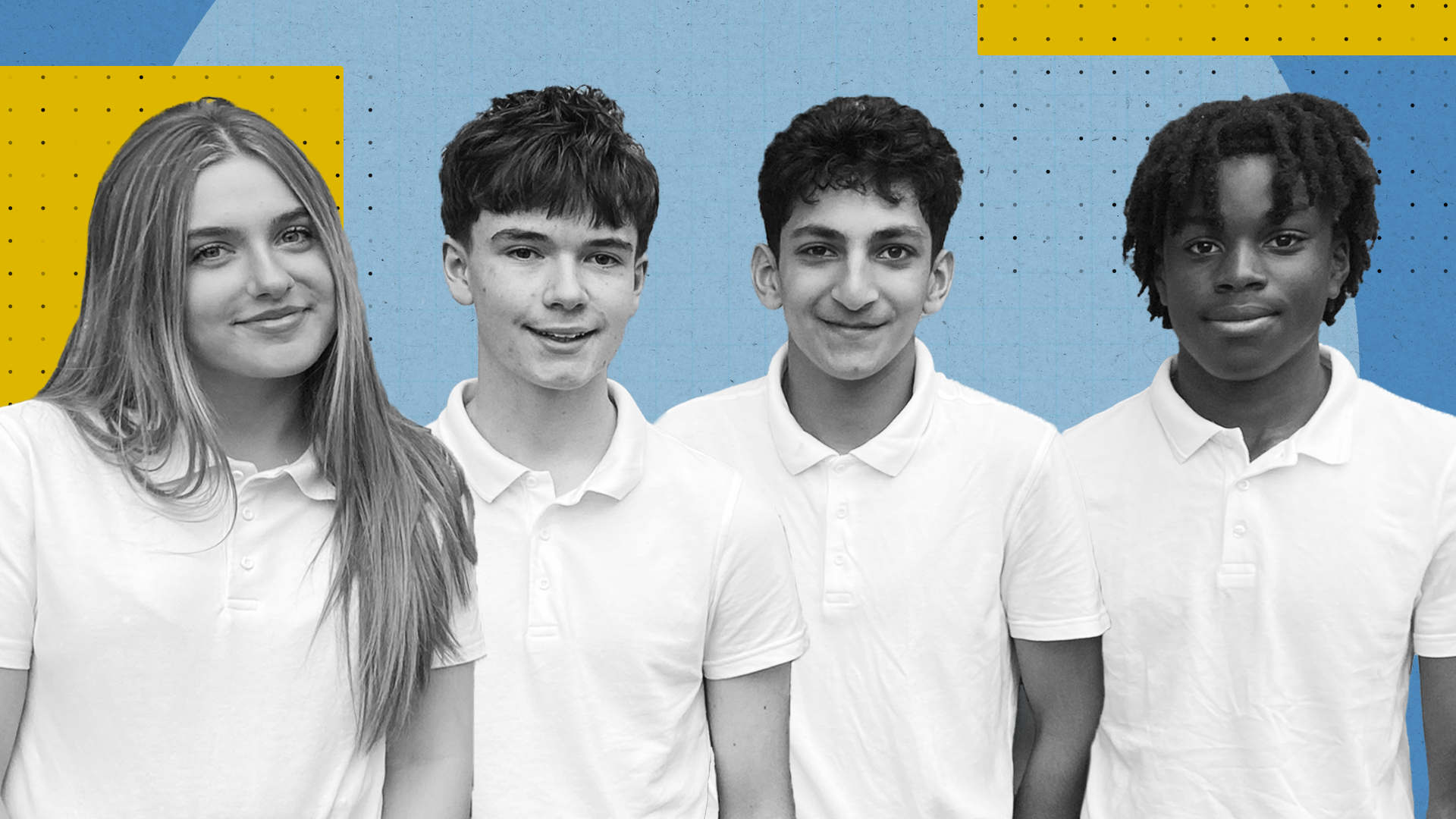 Four teenagers, Jasmine, McKenzie, Param and Javaris standing in a line with a blue and yellow stylised background to the image.