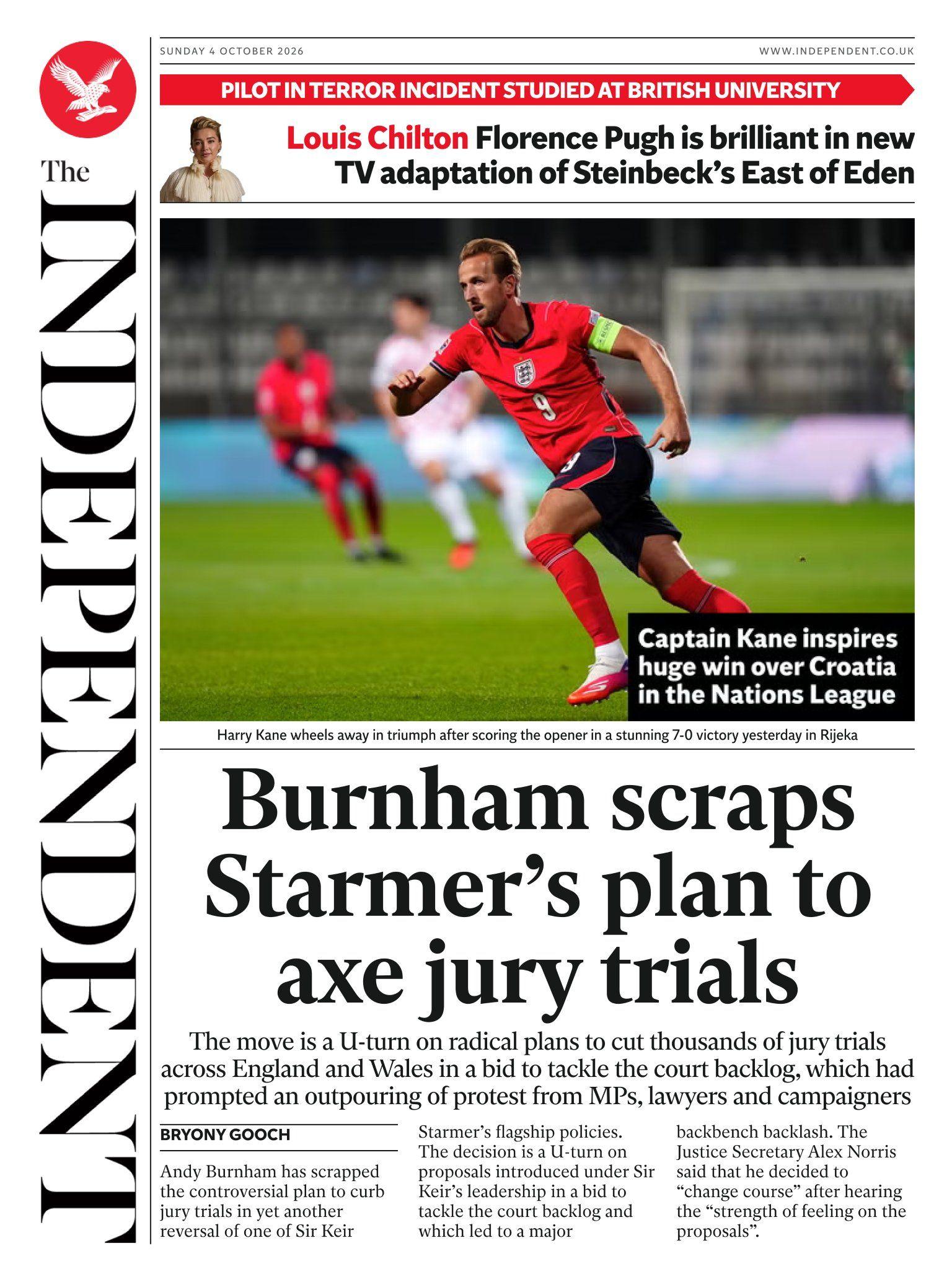 The headline on the front page of the Independent reads: 'Burnham scraps Starmer's plan to axe jury trials.'