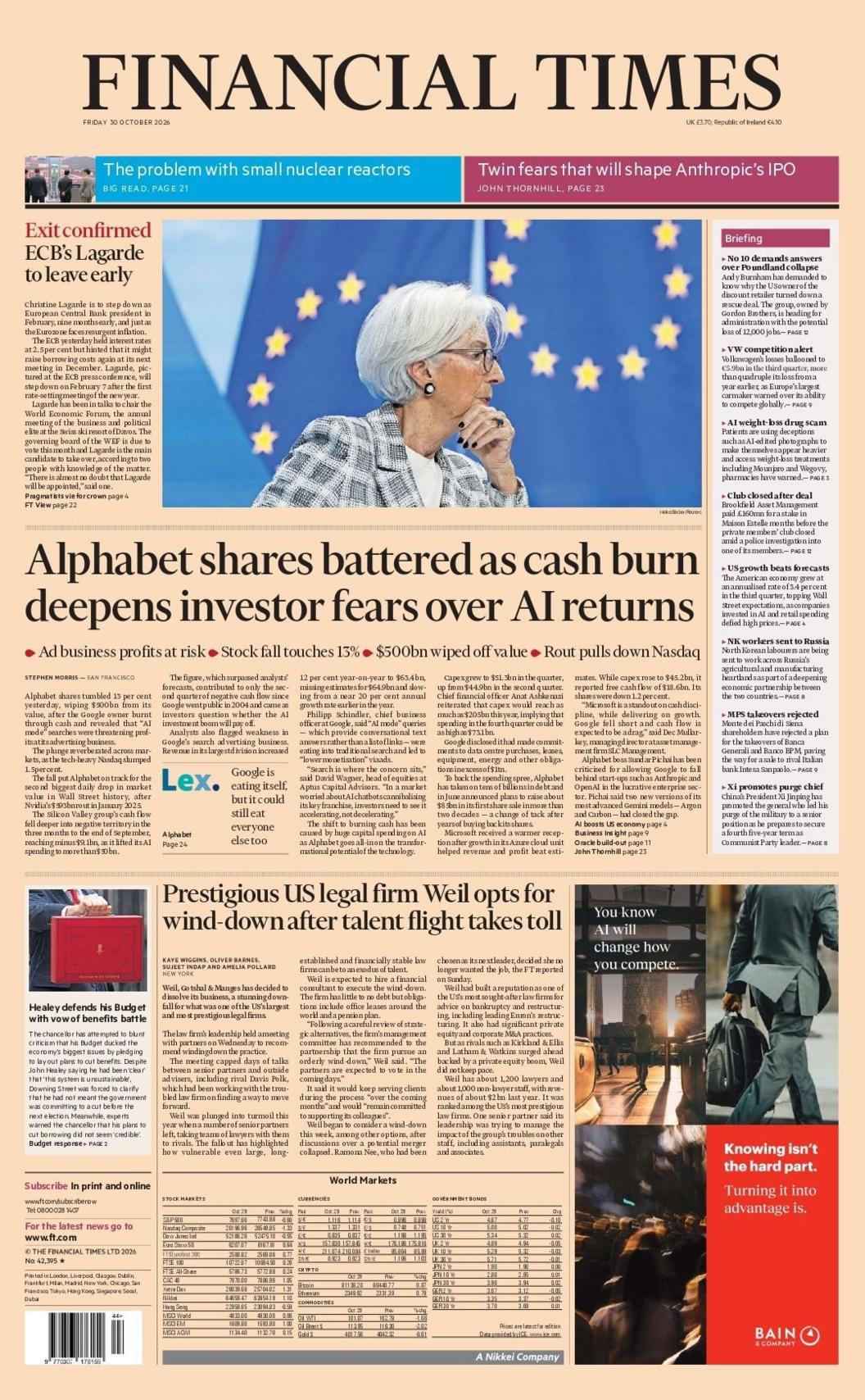 "Alphabet shares battered as cash burn deepens investor fears over Al returns," reads the headline on the front page of the Financial Times.