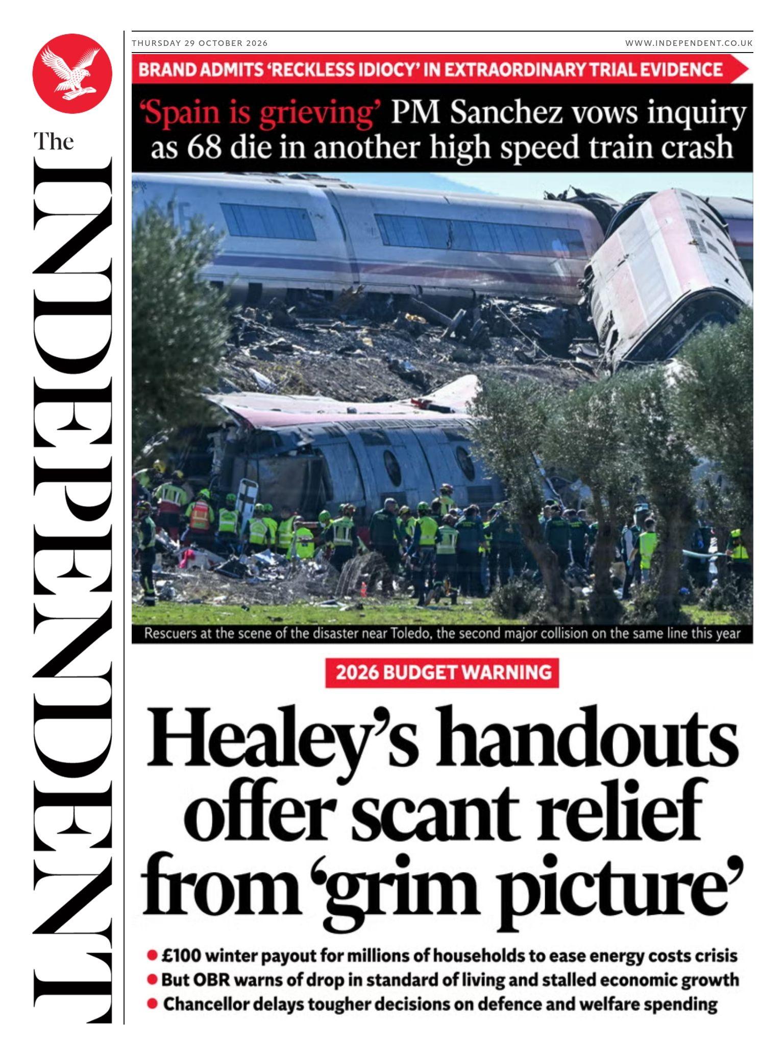 The headline on the front page of the Independent reads: 'Healey's handouts offer scant relief from "grim picture".'