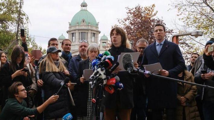 Representatives of the electoral list "Student List - Students Win" hold a media conference in Pioneers' Park in Belgrade, Serbia, October 29