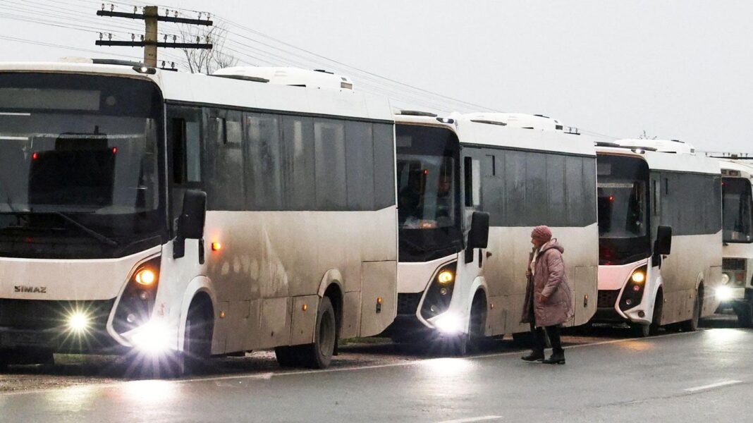 ‘We came back from hell’, say Ukrainians after years in Russia-occupied frontline city A humanitarian convoy on white coaches carrying residents evacuated from the Russian-controlled town of Oleshky in Ukraine shown here making a brief stop on a roadside in Crimea, October 30, 2026.