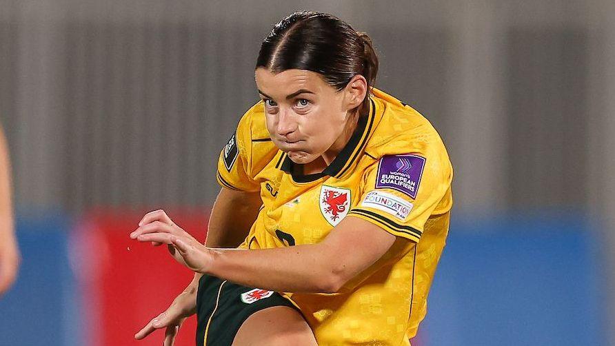 Angharad James in action against Albania