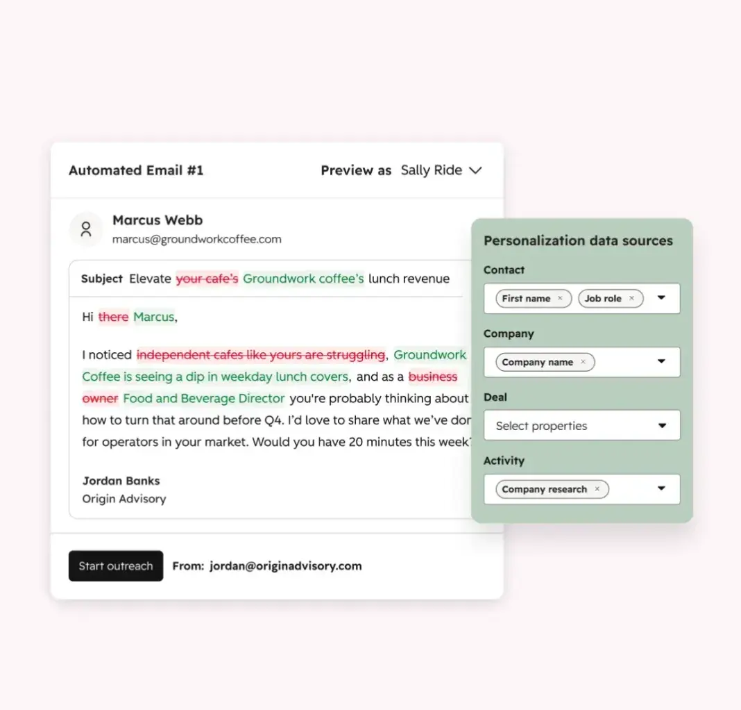Automated email preview showing personalized outreach with contact data sources panel displaying first name, job role, company, and activity fields